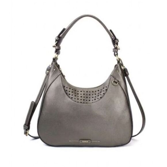 Chala Handbags - Chala Metallic Pewter Faux Leather Heart Cut-Out Hobo Shoulder Crossbody Bag